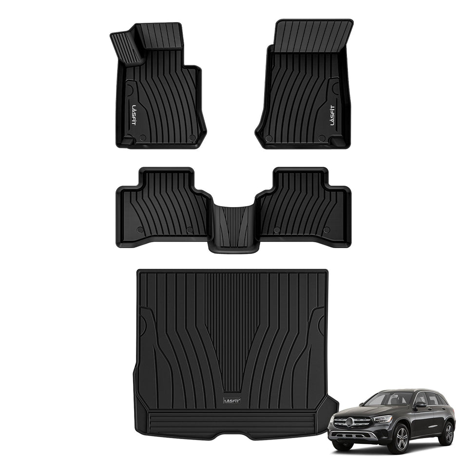 LASFIT LINERS Floor Mats and Cargo Liner Set Fit for Mercedes Benz GLC 2016-2022, GLC250/ GLC300/ GLC300e/ GLC350e/ GLC43 AMG/ GLC63 AMG/ GLC63 AMG S, All Weather TPE Car Liners, 1st & 2nd Row + Trunk Mat