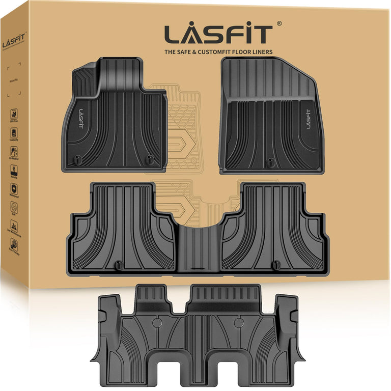 LASFIT LINERS Floor Mats Fit for 2020-2024 Hyundai Palisade 8 Passenger (Only for Bench Seat), Custom Fit TPE All Weather Floor Liners 1st & 2nd & 3rd Row Car Mats, Black
