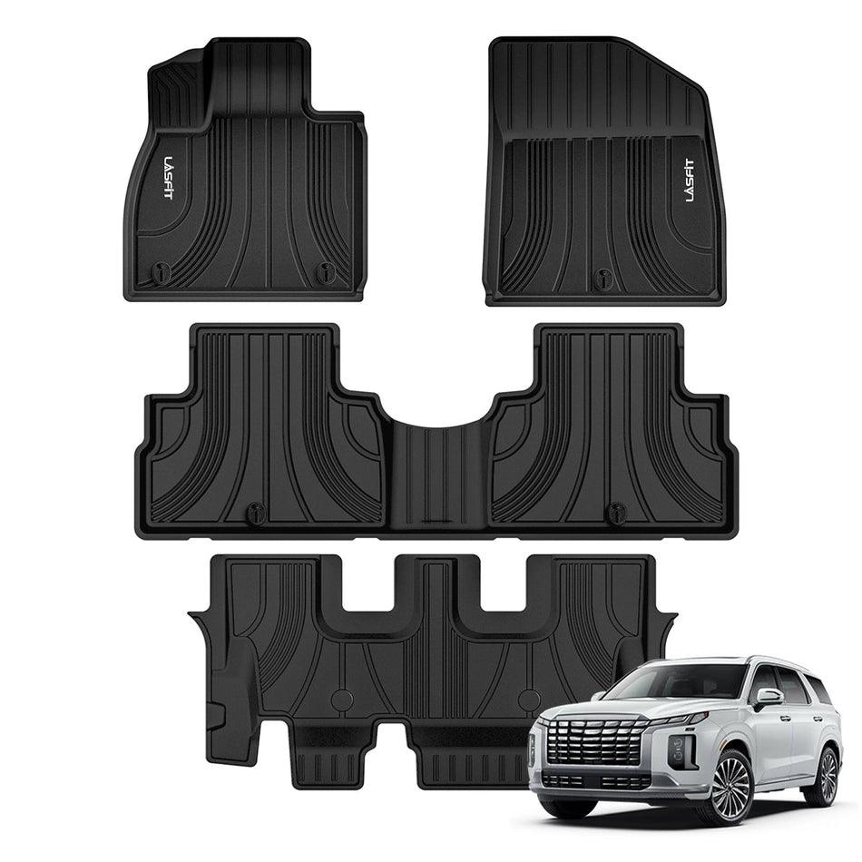 LASFIT LINERS Floor Mats Fit for 2020-2024 Hyundai Palisade 8 Passenger (Only for Bench Seat), Custom Fit TPE All Weather Floor Liners 1st & 2nd & 3rd Row Car Mats, Black