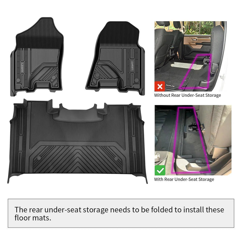 LASFIT LINERS Floor Mats Fit for Dodge Ram 1500 Crew Cab 2019-2024 with Rear Under-Seat Factory Storage Bucket Seat, All Weather Car Liners