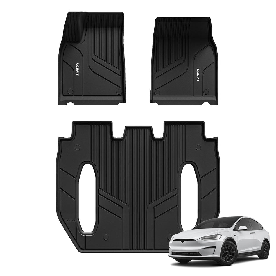 LASFIT LINERS Floor Mats Fit for Tesla Model X 6 Seater & Model X Plaid 2021 2022 2023 2024, Custom Fit TPE All Weather Waterproof Floor Liners 1st & 2nd & 3rd Row Car Mats, Black