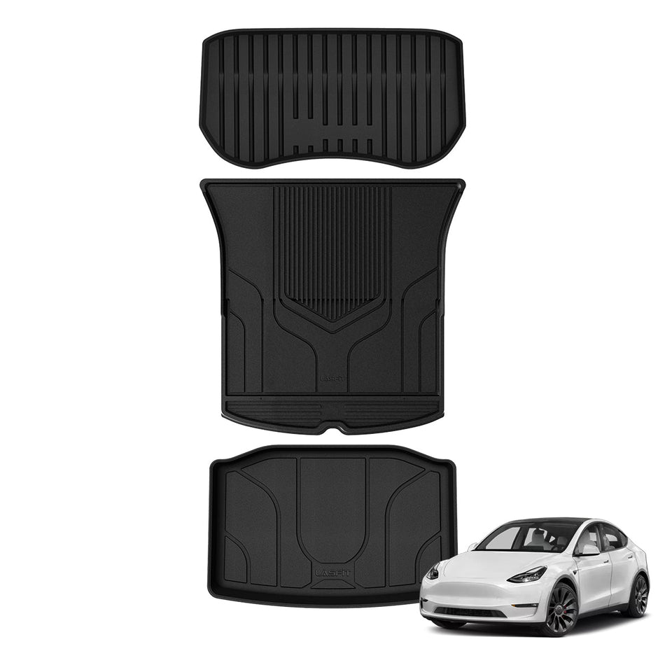 LASFIT LINERS Trunk Mats Front Trunk Liner for Tesla Model Y 5 Seat 2020-2024 TPE All Weather Rear Trunk Storage Mat Custom Fit Cargo Liners (Set of 3 Mats 2020+)