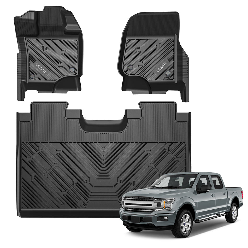 LASFIT LINERS Floor Mats Fit for 2015-2024 Ford F-150/ F150 Lightning SuperCrew Cab (Not Fit Rear Seat with Under-Seat Fold Flat Storage), All Weather TPE Truck Liners