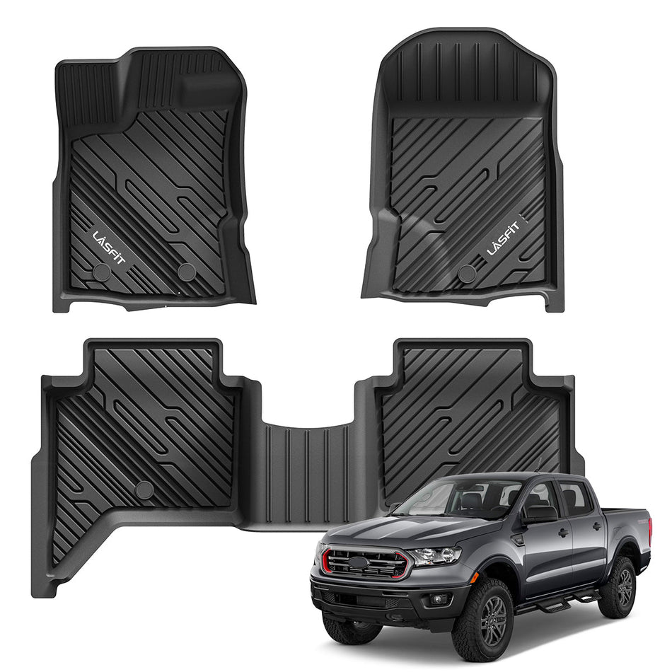 LASFIT LINERS Floor Mats Fit for Ford Ranger 2023 2022 2021 2020 SuperCrew Cab, All Weather TPE Truck Liners, Front and Rear Row Set
