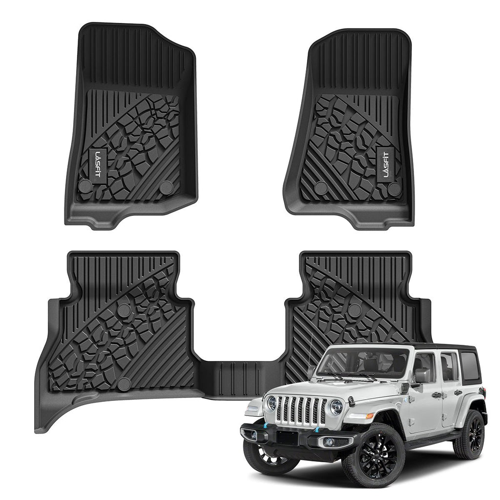 LASFIT LINERS Floor Mats for Jeep Wrangler 4XE Hybrid 2024 2023 2022 2021, All Weather Protection TPE Car Floor Liners, Front & Rear Rows, Black
