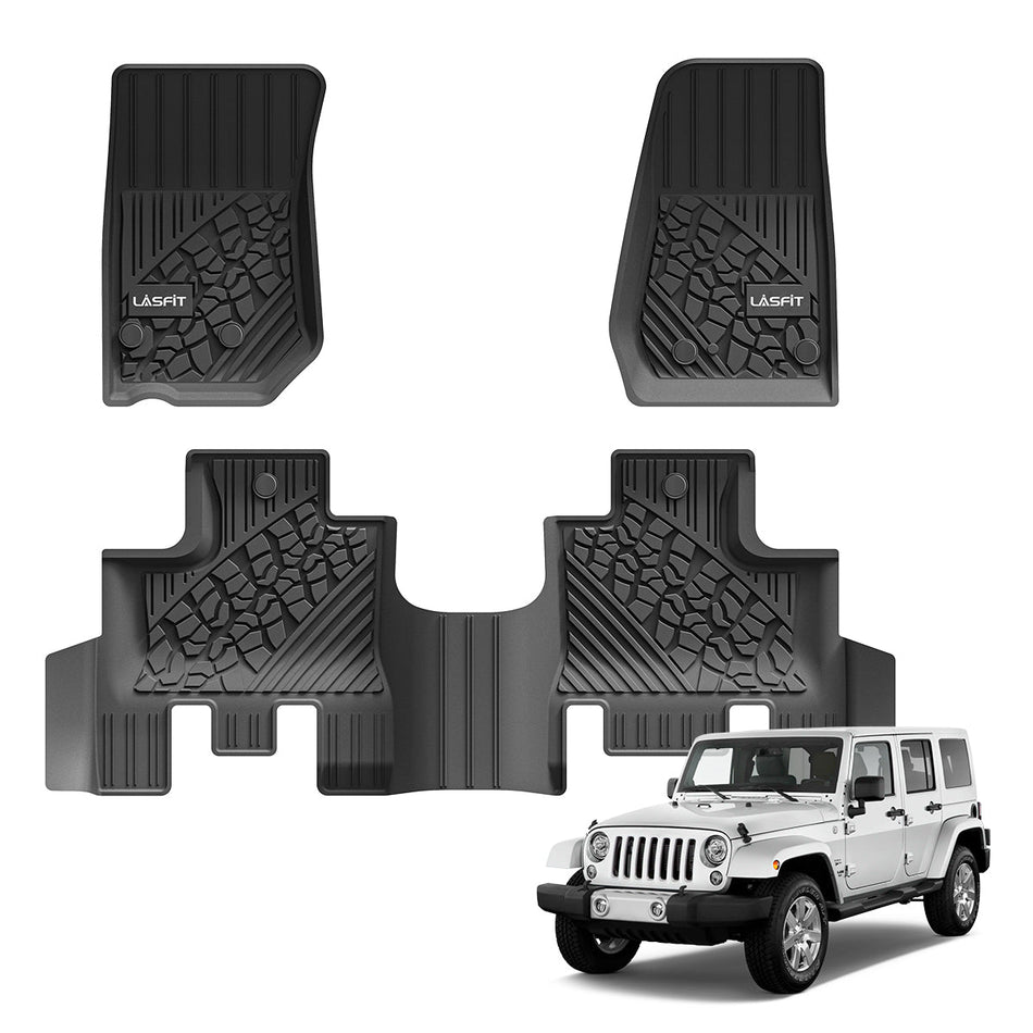 LASFIT LINERS Floor Mats Fit for 2013-2018 Jeep Wrangler JK Unlimited 4 Door Only (Not Fit for JL or 4xe), TPE All Weather Car Liners，Custom Fit 1st & 2nd Row Floor Liners, Black