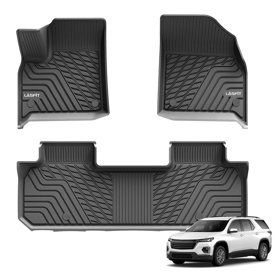 LASFIT LINERS Floor Mats for Chevrolet Traverse 2019-2023, All Weather TPE Car Mats Custom Fit Floor Liners, 1st & 2nd Row, Black (for Bucket Seats 2-Row Only)