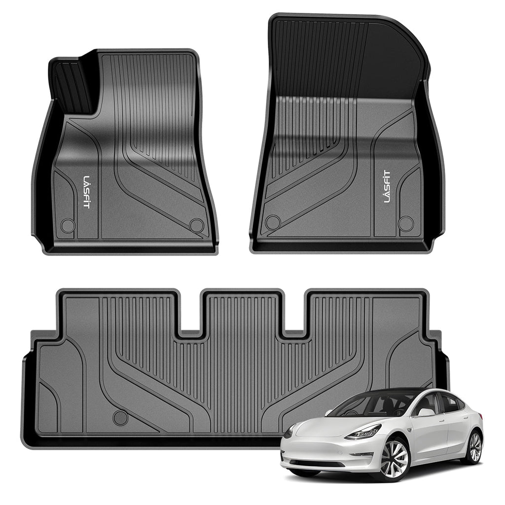LASFIT LINERS Floor Mats for Tesla Model 3 2020 2019 2018 2017, All Weather Guard Custom Fit TPE Car Liners Accessories, Front and Rear 2 Rows Set
