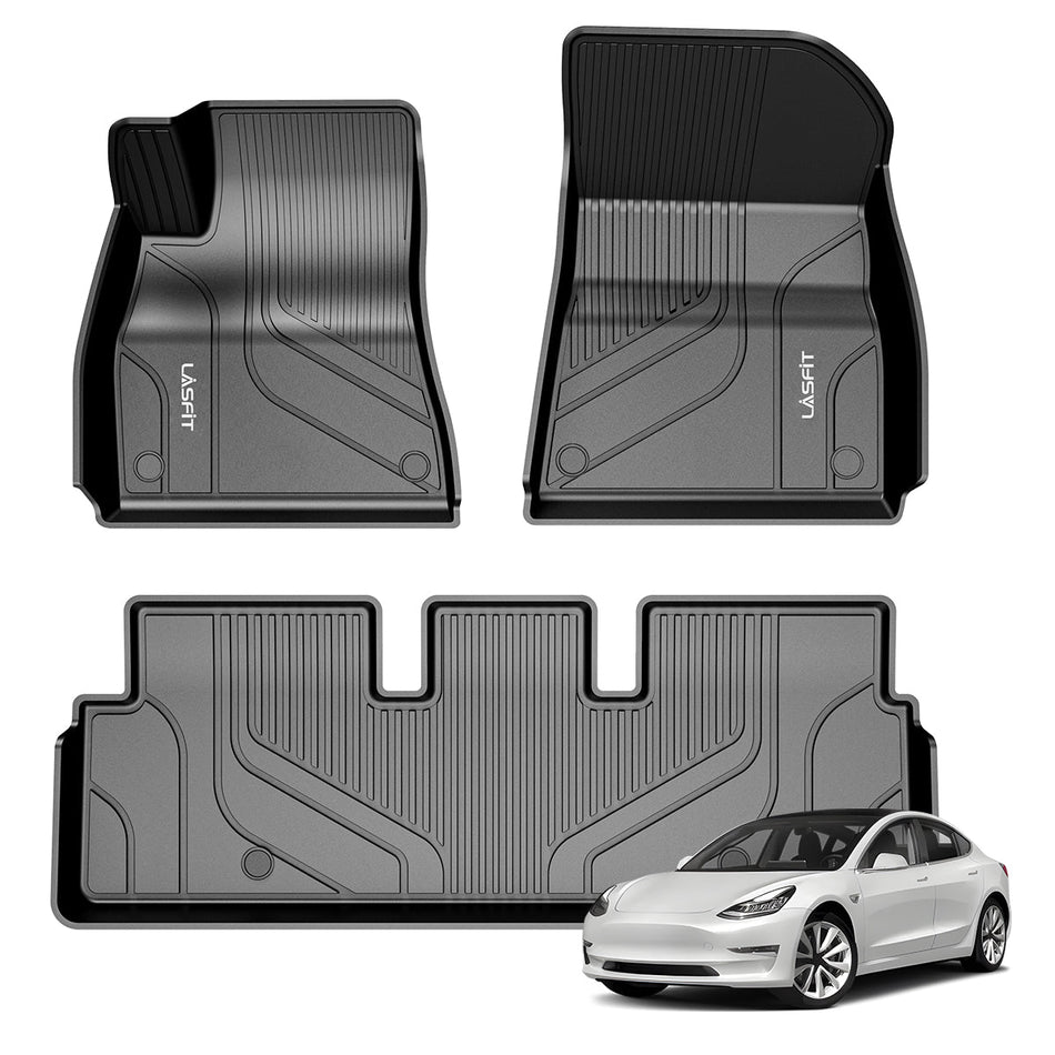 LASFIT LINERS Floor Mats for Tesla Model 3 2021, All Weather Car Mats TPE Custom Fit Floor Liners, Front and Rear 2 Rows Set